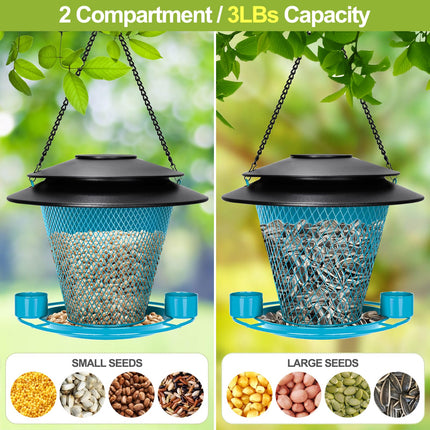 YYWMWM Solar Bird Feeder Outdoors Wild Bird Feeders Metal Mesh Bird Feeder Outside Hanging Bird Feeder 2.5 lbs Capacity Blue