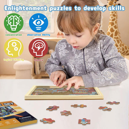 NAIJUTE Toddler Wooden Montessori Jigsaw Puzzle Set (24 & 48 Pieces), Preschool Learning Toys with Traffic, Fire Truck & Construction Themes