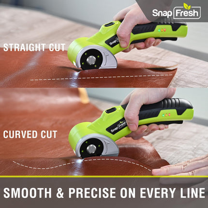SnapFresh 4V Cordless Electric Scissors-Rechargeable Rotary Box Cutter w/ 2.0Ah Battery, 2 Self-Sharpening Blades, 285RPM,LED & Safety Lock, Carpet Cutter Tool for Cardboard, Fabric, Leather, Plastic