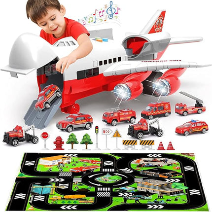 Transport Cargo Airplane Toy-Car Toys for Boys with Large Play Mat, Sounds Buttons Flashing Light,Vehicles Fire Trucks Large Plane 11 Road Signs T47 blue