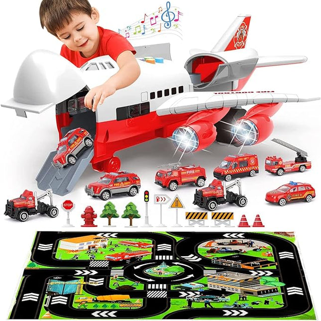 Transport Cargo Airplane Toy-Car Toys for Boys with Large Play Mat, Sounds Buttons Flashing Light,Vehicles Fire Trucks Large Plane 11 Road Signs T47 blue