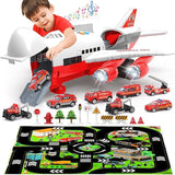 Transport Cargo Airplane Toy-Car Toys for Boys with Large Play Mat, Sounds Buttons Flashing Light,Vehicles Fire Trucks Large Plane 11 Road Signs T47