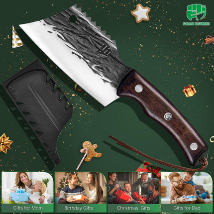 FULLHI Kitchen Knife with sheath,Meat Cleaver Knife for Meat Cutting, High Carbon Steel Forged Butcher Full Tang Chef Knife
