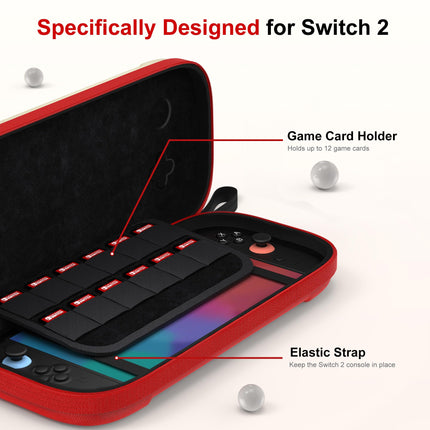 STARTRC GAMES Hard Carrying Case for Nintendo Switch 2, Travel Case Shell Pouch with 12 Games Cartridges, Protective Case for Switch 2 Console & Games Accessories White & Red