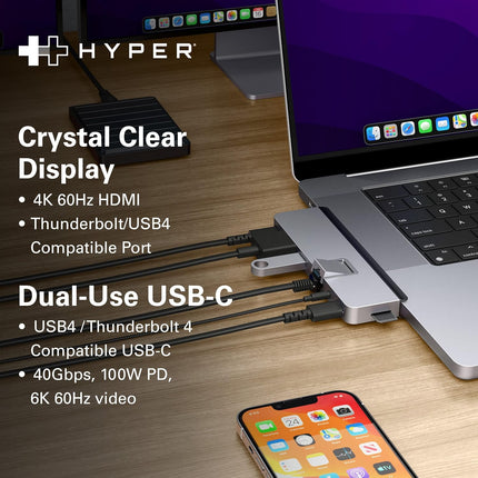HyperDrive Duo 7-in-2 MacBook USB C Hub — USB Hub for Mac Pro 14” & 16” — 4K60Hz HDMI, Ethernet, USB4 40Gbps 100W Power Delivery, USB-C 10Gbps, USB-A, MicroSD, 3.5mm Jack, Magnetic Mount (Space Gray)