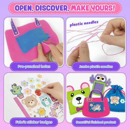 Sewing Kit for Beginner Kids, 10Pcs Unicorn Bear DIY Arts and Crafts Box, Felt Art Projects, Blind Box Craft Supplies, Learn to Sew Embroidery Kit, Easter Birthday Gifts for 3 4 5 6 7 8 Years Old Girls Boys