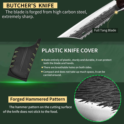 FULLHI Kitchen Knife with sheath,Meat Cleaver Knife for Meat Cutting, High Carbon Steel Forged Butcher Full Tang Chef Knife