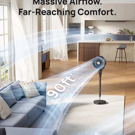 DREO Fan for Bedroom, 90° Oscillating Standing Fan, 20dB Quiet, 90ft Pedestal Fans for Room Office, DC Motor, 8+H Speeds, 3 Modes, 38-42'' Adjustable Height, Remote, 8H Timer, 105° Manual Vertical