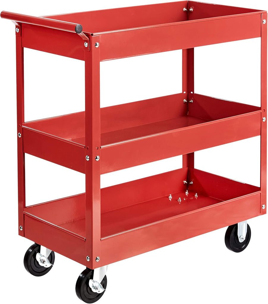 Amazon Basics Steel 3-Shelf Multipurpose Tub Utility/Supply Cart with 550 lb Capacity - Red