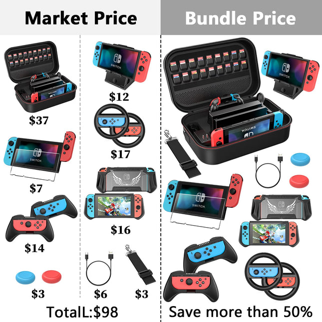 Switch Carrying Case Compatible with Nintendo Switch, 12 In 1 Accessories Bundle for Nintendo Switch with Carrying Case, Protective Case, Screen Protector, PlayStand, Joycon Grip & More (Black)