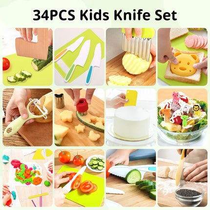 34 Pcs Montessori Kitchen Toys for Toddlers-Kids Knife Sets for Real Cooking with Safe Knives, Serrated Plastic Knives, Potato Slicers, Sandwich Cutter, Peeler and Cutting Board