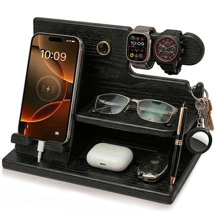 TESLYAR Wood Phone Docking Station - Gifts for Men - Desk or Nightstand Organizer - Birthday Gift for Husband, Dad - Anniversary Idea from Wife - Key Holder, Stand Wallet & Essentials (Granite Black)
