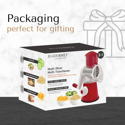 JS Gourmet Rotary Cheese Grater with Crank Handle and 3 Interchangeable Blades, Ideal for Grating, Shredding and Slicing Vegetables, Fruits, Nuts, Carrots