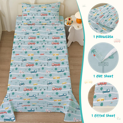 Bedmoon Boys Twin Single Sheets, Kids Car Truck Soft Microfiber Twin Sheets & Pillowcases with Elastic Corner Straps, Tint