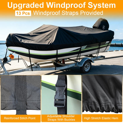 KIPIEA 14'-16'L beam width up to 68"W Trailerable Boat Cover, A6-TS10 BLACK
