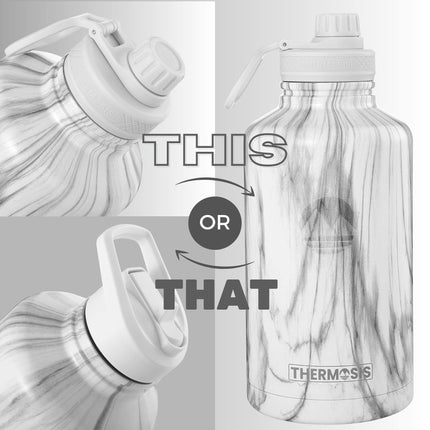 Thermosis 64oz Insulated Stainless Steel Water Bottle with Straw & Holder Strap & 2 Lids, White Marble