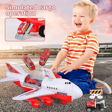 Transport Cargo Airplane Toy-Car Toys for Boys with Large Play Mat, Sounds Buttons Flashing Light,Vehicles Fire Trucks Large Plane 11 Road Signs T47 blue