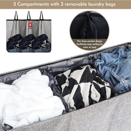 DOKEHOM 180L Laundry Basket with Removable Lid and Laundry Bags, Large Collapsible Laundry Hamper with 3 Sections for Bedroom, Bathroom, Laundry Room, College (grey)