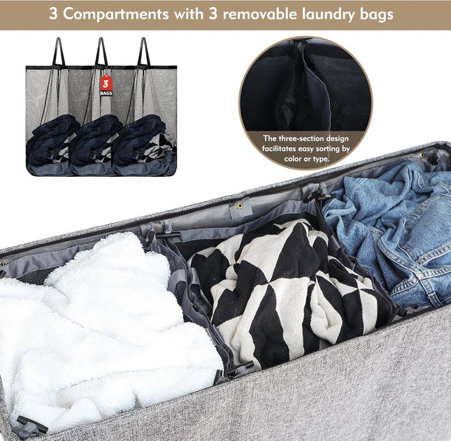 DOKEHOM 180L Laundry Basket with Removable Lid and Laundry Bags, Large Collapsible Laundry Hamper with 3 Sections for Bedroom, Bathroom, Laundry Room, College (grey)