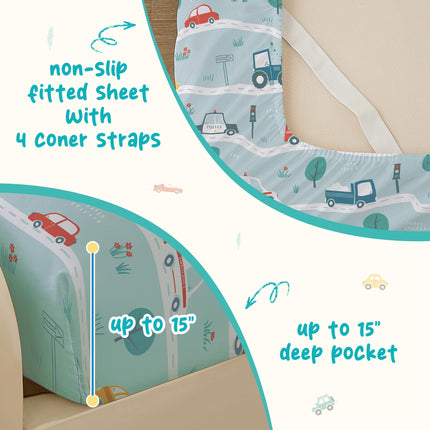 Bedmoon Boys Twin Single Sheets, Kids Car Truck Soft Microfiber Twin Sheets & Pillowcases with Elastic Corner Straps, Tint