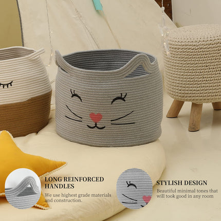 ZLG Cat Face Baby Basket with Handles Handmade Standing baskets for Nursery Decor and Storage