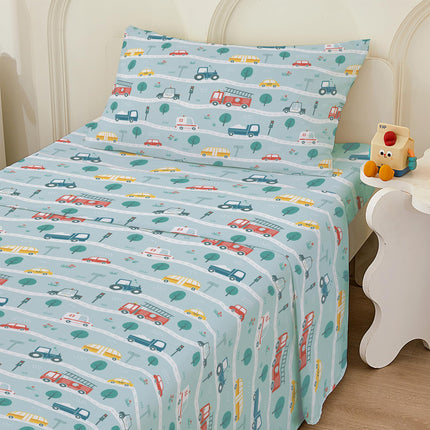 Bedmoon Boys Twin Single Sheets, Kids Car Truck Soft Microfiber Twin Sheets & Pillowcases with Elastic Corner Straps, Tint