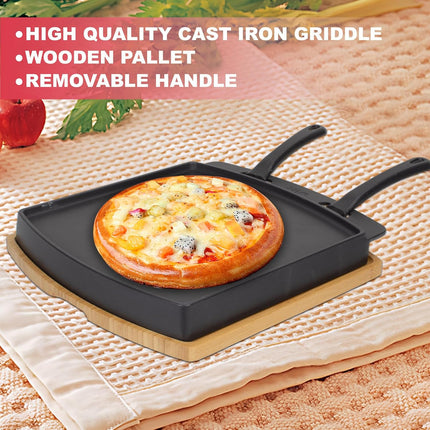 Reversible Sizzling Plate & Wooden Base for Oven,BBQ,Stove,Outdoor Cooking | Cast Iron Steak Plates with Removable Handle for Pizza Oven,BBQ,Stove top,Skillet Plates for Outdoor Cooking,Dual-Sided 14.5"X13"