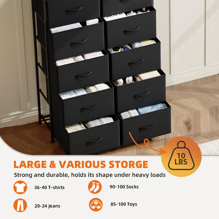 Somdot Dresser for Bedroom with 10 Drawers, Wide Storage Organizer Chest of Drawers with Fabric Bins for Closet Bedside Nursery Living Room Laundry Entryway Hallway,Black