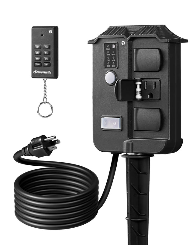 DEWENWILS Outdoor Power Stake Timer Waterproof, 100FT Wireless Remote Control, 6 Grounded Outlets, 6FT Extension Cord, Photocell Dusk to Dawn for Lights, Garden, HOYS16G