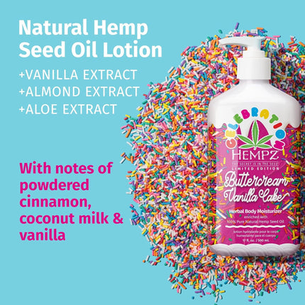HEMPZ Body Lotion - Buttercream Cake Limited Edition Daily Moisturizing Cream, Shea Butter, Agave, Rice, Oat Hand and Body Moisturizer - Skin Care Products, Hemp Seed Oil - 17 Fl Oz