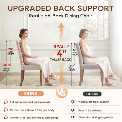 Upholstered Fabric Dining Chair Diner Kitchen Parsons Modern Stylish High Back with Bronze Nailhead Trim, Set of 2, Oat Beige