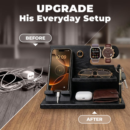 TESLYAR Wood Phone Docking Station - Gifts for Men - Desk or Nightstand Organizer - Birthday Gift for Husband, Dad - Anniversary Idea from Wife - Key Holder, Stand Wallet & Essentials (Granite Black)