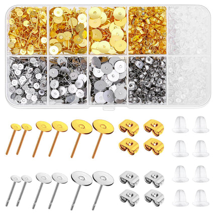 Caffox 2000pcs Stud Earring Making Kit with Earring Base and Backs for Leather, Clay, Pearl Jewelry Making (Gold & Silver)