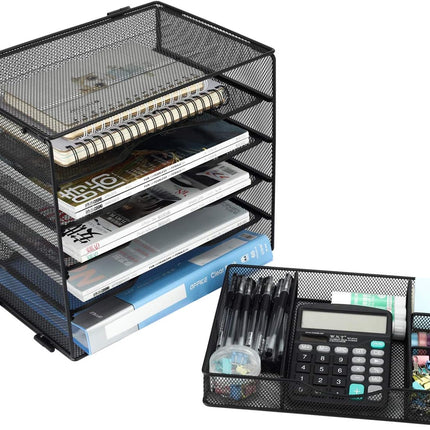 EasyPAG Desk File Organizer 5-Tier Mesh Desk Organizers and Storage Desk Accessories with Drawer Paper Tray Organizer,Black