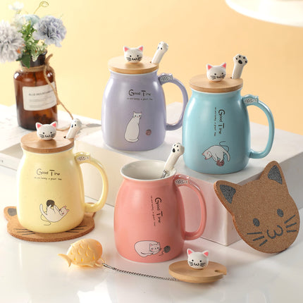 BigNoseDeer Kawaii Cute Cat 13oz Ceramic Coffee Mug Gift Set, Pink