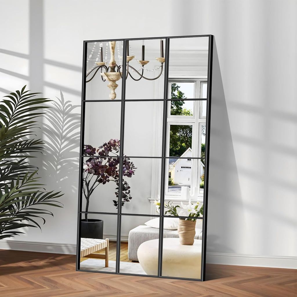 YIROMAN Window Pane Mirror, 30x55 Inch Black Rectangular Decorative Wall Mirror, Large Window Metal Framed Mirror for Bedroom Living Room Fireplace Entryway, Hanging or Leaning Against Wall