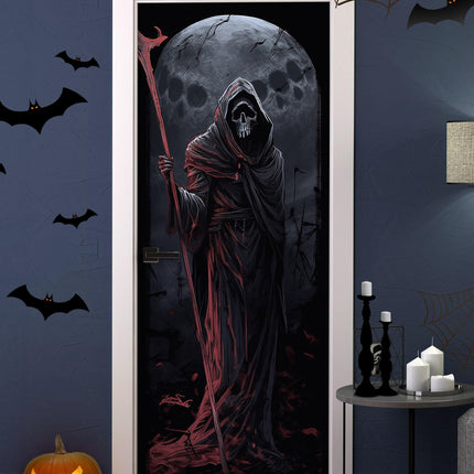 FLFK Halloween Door Mural Stickers, Ghostly Skull with Smiling Grim Reaper, Peel and Stick, Split into 2 Pieces for Total Size of 30.3 x 78.7 inches, For Halloween home decor