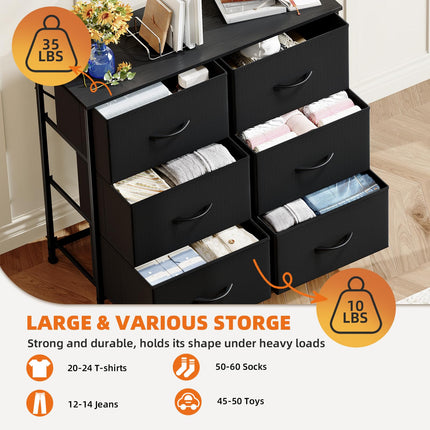 Somdot Dresser for Bedroom with 6 Drawers, Wide Storage Organizer Chest of Drawers with Fabric Bins for Living Room Closet Kids Bedside Nursery Laundry Entryway, Black