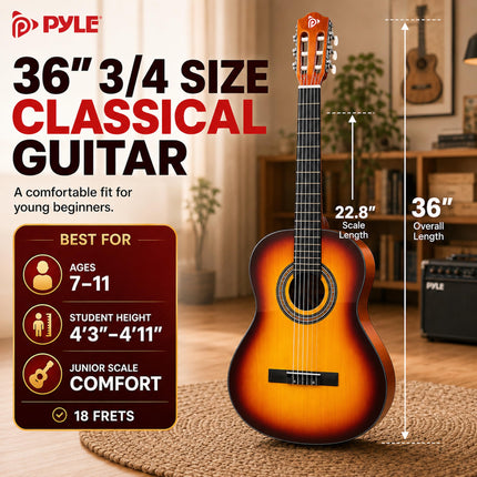 Pyle Beginner Adults, 36" Compact Size 3/4 Acoustic Guitar Kit, Brown Gloss PGACLS82BB