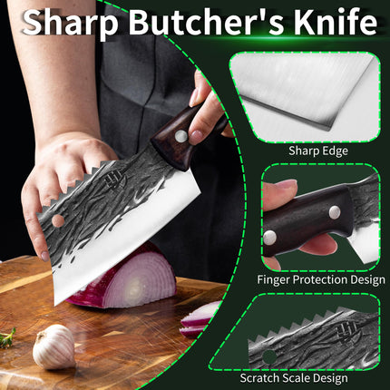 FULLHI Kitchen Knife with sheath,Meat Cleaver Knife for Meat Cutting, High Carbon Steel Forged Butcher Full Tang Chef Knife