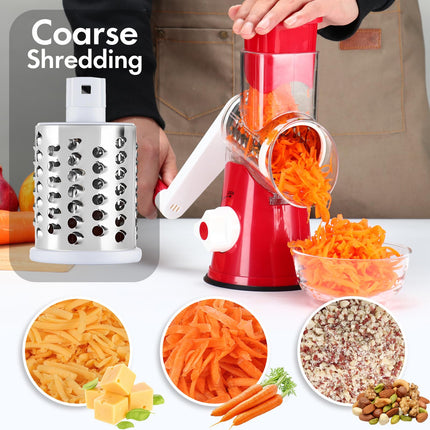 ANCEVSK Rotary Cheese Grater Shredder, Speed Kitchen Manual Round Mandolin Slicer Safe Grinder with 3 Interchangeable Blades for Nuts, Carrot, Hashbrown, Garlic, Walnut, Potato, Chocolate, Red