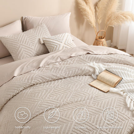 Andency Khaki Super King Comforter, 3 Pieces Boho Bedding Set