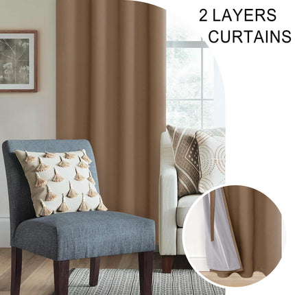XWZO W52 x L95, Set of 2 Panels Full Shading Blackout Curtains Heat and Light Blocking Ring Top Window Drapes with Black Liner Backing for Bedroom/Kid's Room, Cappuccino