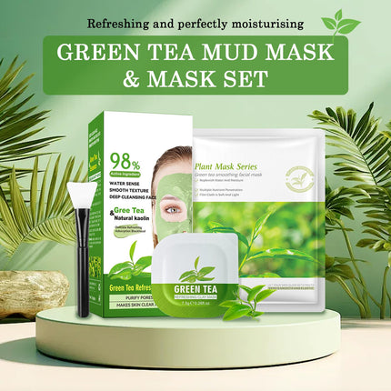 SALDOER 5PCS Green Tea Face Sheet Mask + 8PCS Green Tea Clay Mask Set, Oil Control Deep Cleansing Green Tea Clay Mask with Brush for All Skin Types