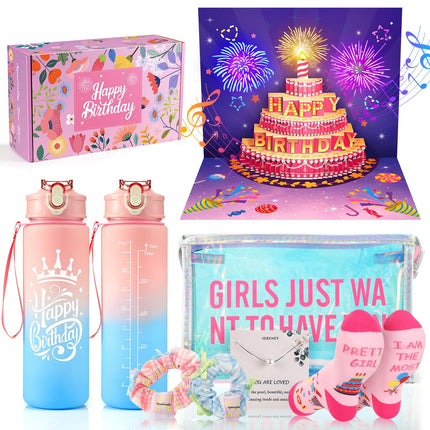 Happy Birthday Cards with Musical LED Lights Blowable Birthday Cake,Water Bottle,Jewelry,Christmas Gifts Box for Daughter Niece Granddaughter (10 PCS)