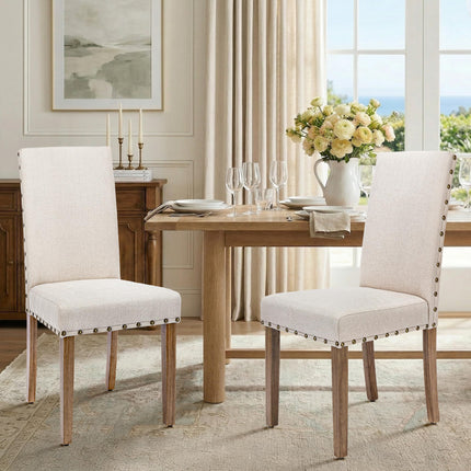Upholstered Fabric Dining Chair Diner Kitchen Parsons Modern Stylish High Back with Bronze Nailhead Trim, Set of 2, Oat Beige