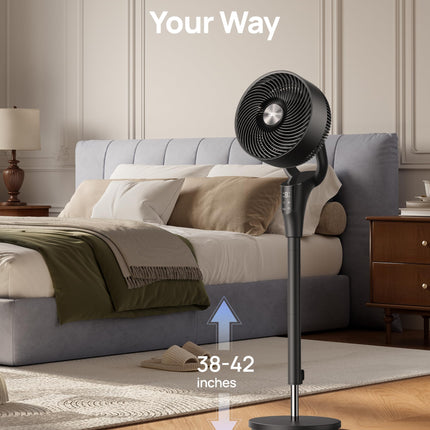DREO Fan for Bedroom, 90° Oscillating Standing Fan, 20dB Quiet, 90ft Pedestal Fans for Room Office, DC Motor, 8+H Speeds, 3 Modes, 38-42'' Adjustable Height, Remote, 8H Timer, 105° Manual Vertical