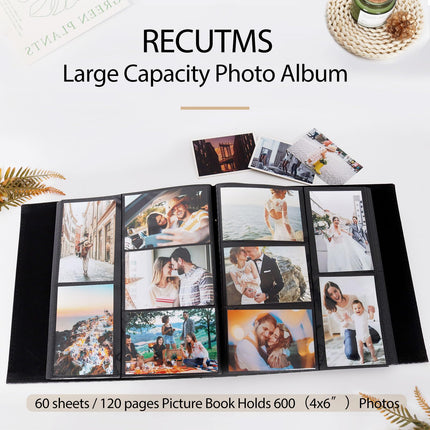 RECUTMS Photo Album for 4x6 Pictures 600 Pockets, Large Capacity Button Grain Leather Cover Holds 600 Horizontal and Vertical Photos for Wedding Anniversary Family Travel (Black)