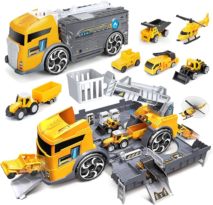 Toy Cars Construction Vehicles Set,Toys for 3 Years Old Boys,Transport Car Carrier Truck with Excavator,Dumper,Bulldozer,Helicopter etc T53