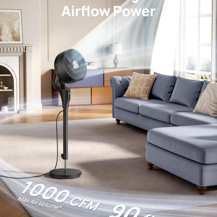 DREO Fan for Bedroom, 90° Oscillating Standing Fan, 20dB Quiet, 90ft Pedestal Fans for Room Office, DC Motor, 8+H Speeds, 3 Modes, 38-42'' Adjustable Height, Remote, 8H Timer, 105° Manual Vertical
